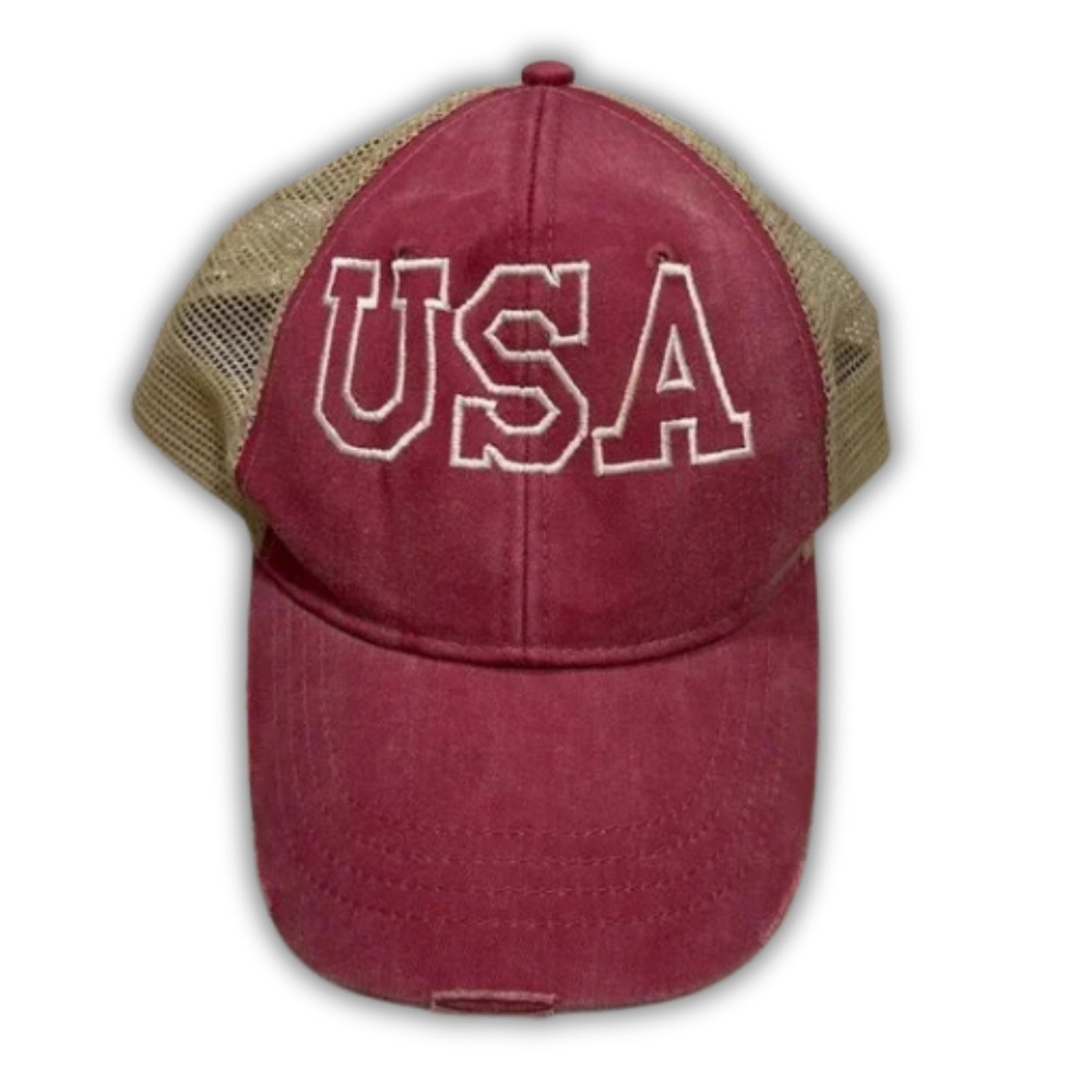 Adams USA Trucker Hat‎ Burgundy Tan Distressed Mesh Snapback Cap Baseball Hat